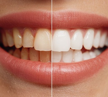 Close-up of woman’s smile before and after teeth whitening