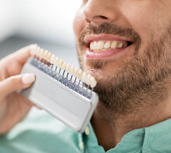 Dental shade guide next to man’s teeth