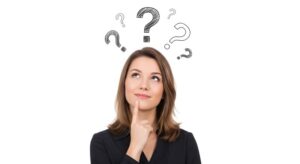 Woman wearing thoughtful expression, question marks above her head